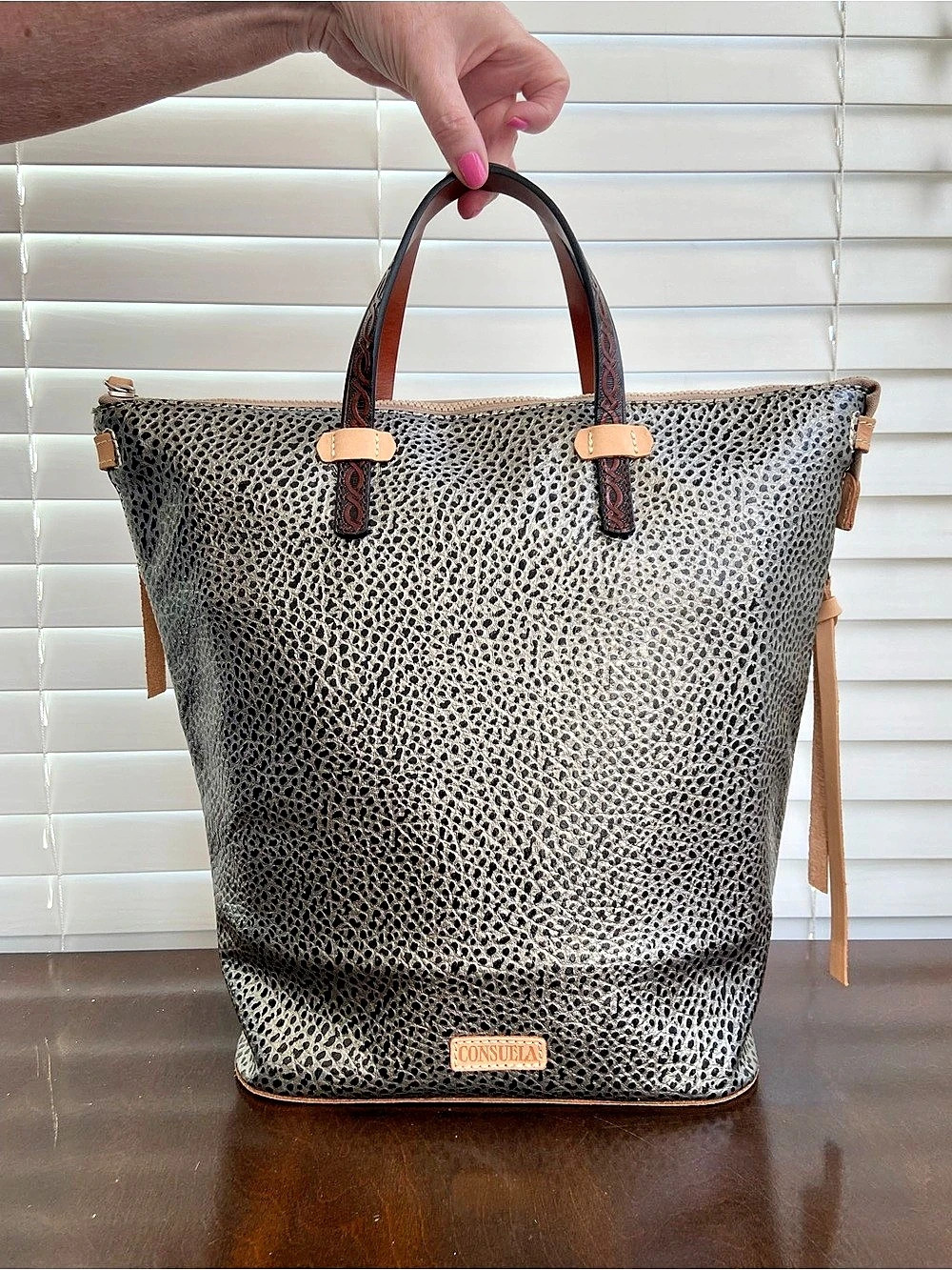 Consuela Tommy Blue Jag Zipper Tote Animal Print Black & Brown